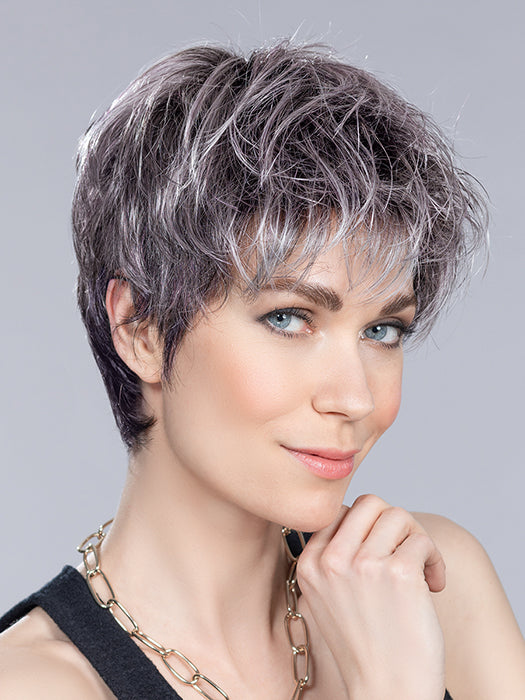 STOP HI TEC by ELLEN WILLE in METALLIC PURPLE ROOTED | Pearl Platinum and Pure White with Black and Purple Blended throughout with Shaded Roots