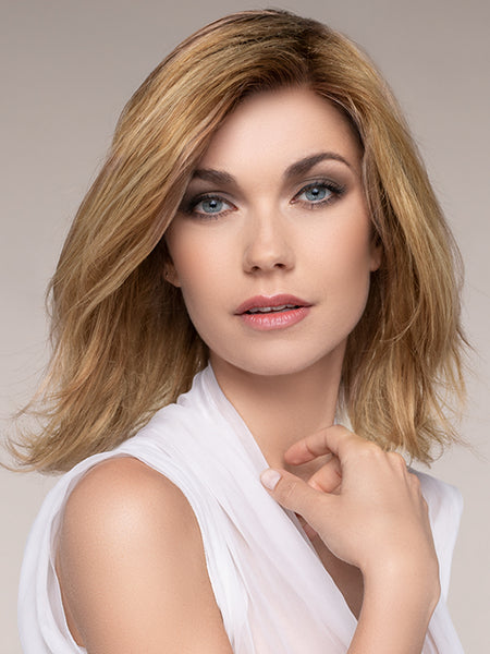 INSPIRE by ELLEN WILLE in LIGHT BERNSTEIN ROOTED | Light Auburn, Light Honey Blonde, and Light Reddish Brown blend and Dark Roots